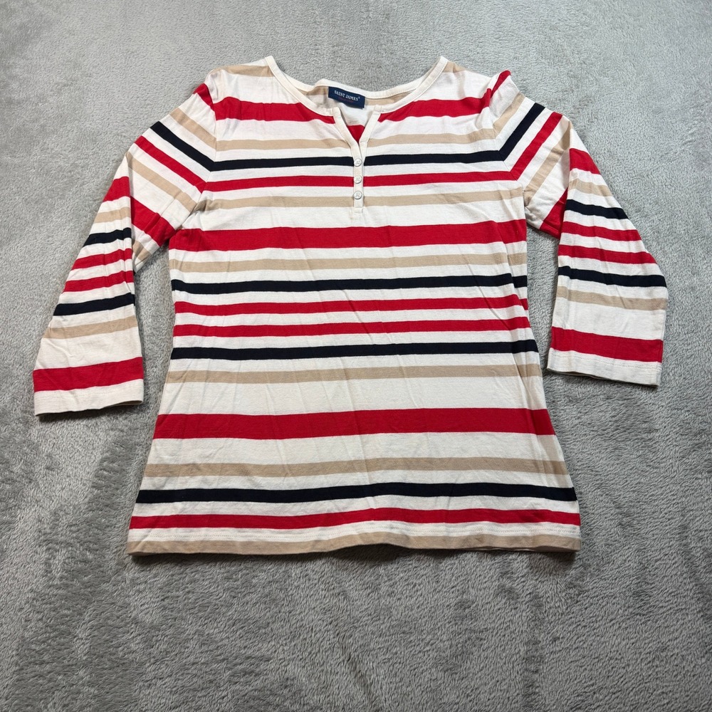 Saint James Henley Top Womens 8 Multicolor Striped 3/4 Sleeve Cotton